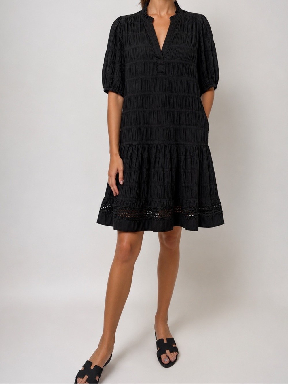 Purotatto Froisse Textured Cotton Dress w/Ladder Lace Insert Size XL Black